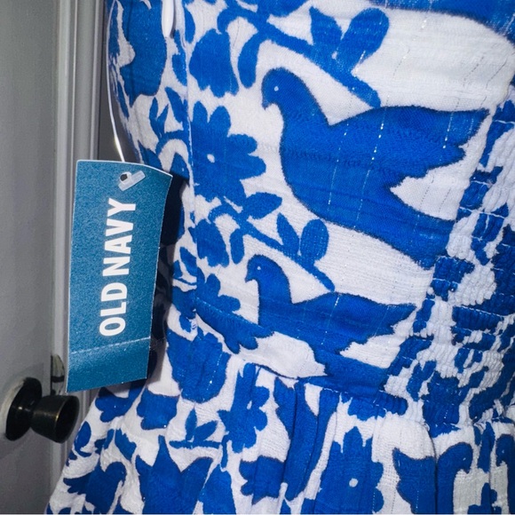 Old Navy Blue and White Strapless Bird & Floral Print Dress - Picture 5 of 5
